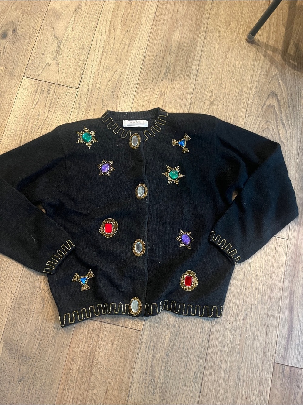 Karen Scott vintage Black Embellished Cardigan, silk angora, lambswool